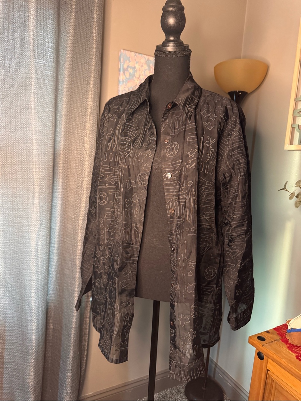 Chico's Sheer Black Button-Up Shirt with Subtle Gray Line Art